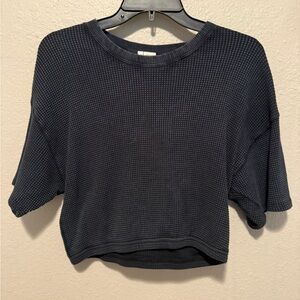 Women's 3/4 Sleeve Black Knit Waffle Crop Top